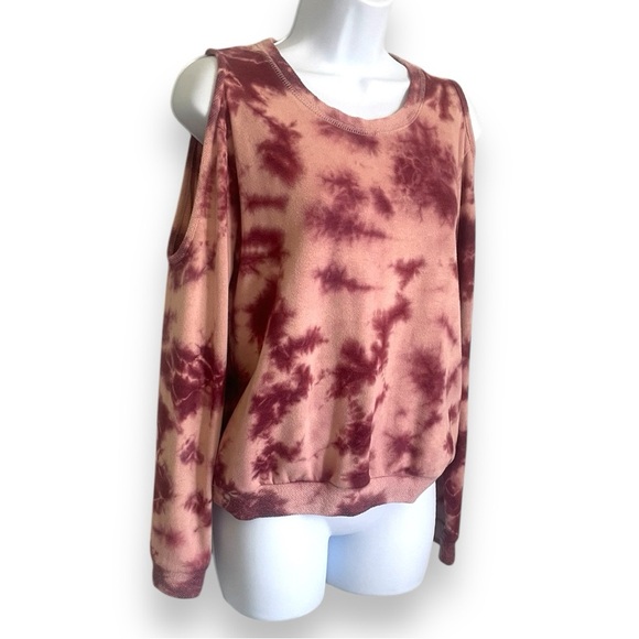 Sky & Sparrow Cold Shoulder Tie-Dye Sweatshirt Maroon Pink Pullover 50% Cotton - Picture 1 of 9